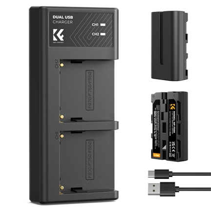 K&F Concept hordozható dupla USB-C akkumulátor NP-F550 töltő + 2db NP-F550 akkumulátor 2600mAh
