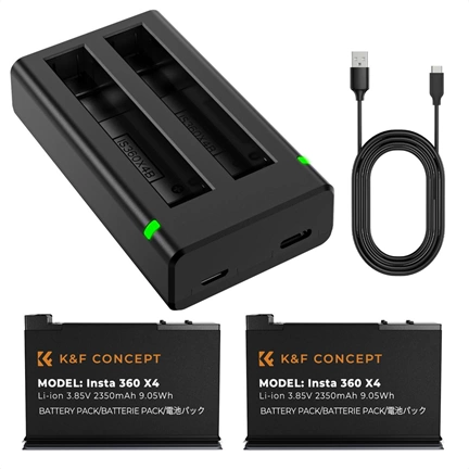 K&F Concept hordozható dupla USB-C akkumulátor töltő + 2db Insta 360 X4 akkumulátor 2350mAh K&F Concept hordozható dupla USB-C akkumulátor töltő + 2db Insta 360 X4 akkumulátor 2350mAh