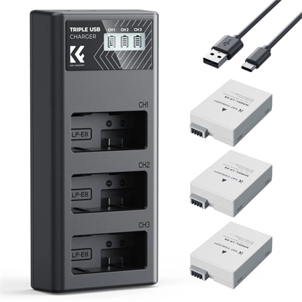 K&F Concept hordozható tripla USB-C akkumulátor LC-E12E töltő, LCD + 3db LP-E8 akkumulátor 1200mAh