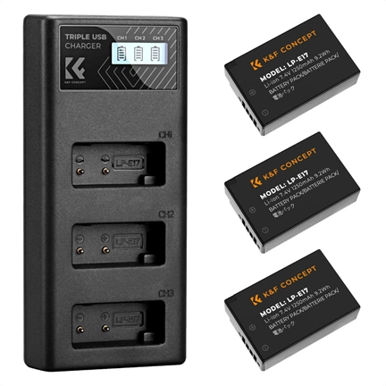 K&F Concept hordozható tripla USB-C akkumulátor LC-E17 töltő, LCD + 3db LP-E17 akkumulátor 1250mAh