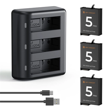 K&F Concept hordozható tripla USB-C akkumulátor töltő +3db DJI Osmo Action 5 Pro/4/3 akku 2100mAh