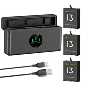 K&F Concept hordozható tripla USB-C akkumulátor töltő, LCD +3db GoPro Hero 13 akkumulátor 2100mAh