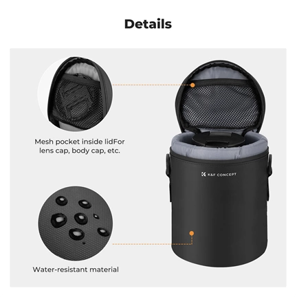 K&F Concept objektív védő tok, M méret, 8x14cm, vállpánt, csepp és porálló zipzár, ráadás pumpa