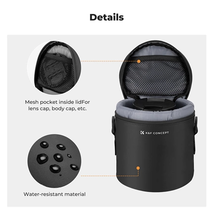 K&F Concept objektív védő tok, S méret, 7x11cm, vállpánt, csepp és porálló zipzár, ráadás pumpa