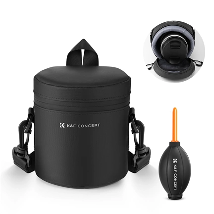 K&F Concept objektív védő tok, S méret, 7x11cm, vállpánt, csepp és porálló zipzár, ráadás pumpa