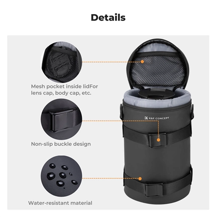 K&F Concept objektív védő tok, XL méret, 11x22cm, vállpánt, csepp és porálló zipzár, ráadás pumpa