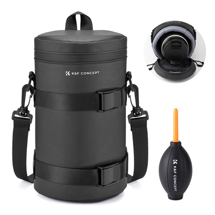 K&F Concept objektív védő tok, XL méret, 11x22cm, vállpánt, csepp és porálló zipzár, ráadás pumpa