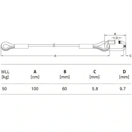 KUPO 100 cm-es biztonsági zsinór – 4,8 mm átmérő, rozsdamentes acél