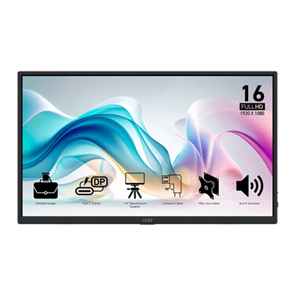 MSI Monitor Business PRO MP165 E6, 15,6" FHD 1920x1080, IPS, 250 cd/m2, 16:9, 60 Hz, 4ms, 2x USB-C, miniHDMI, Black
