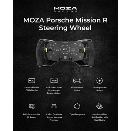 Moza Racing kiegészítő - Porsche MISSION R Kormánykerék (Dual-Clutch, RGB, 5,4 inch OLED kijelző, 320mm)