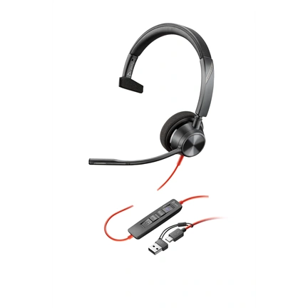 Poly Blackwire 3310 Monaural Microsoft Teams Certified USB-C Headset +USB-C/A Adapte