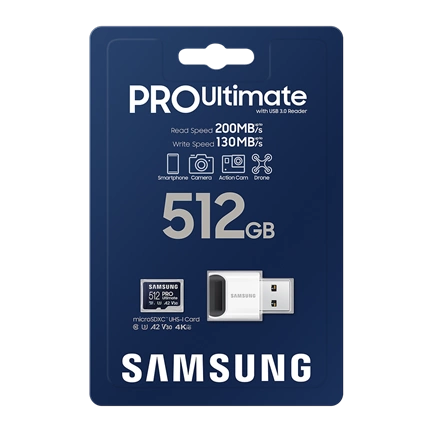 Samsung MicroSD kártya - 512GB MB-MY512SB/WW (PRO Ultimate kártyaolvasóval, Class10, R200/W130, 512GB)