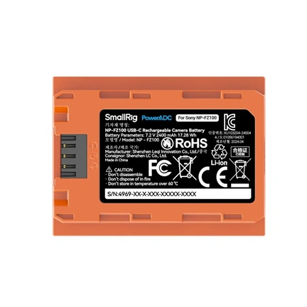 SmallRig 4969 NP FZ100 USB C Rechargeable Camera Battery (Orange)