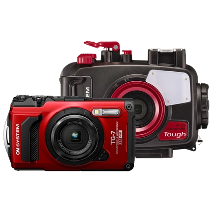 OM System TG-7 digitális kompakt gép búvártokkal (piros)