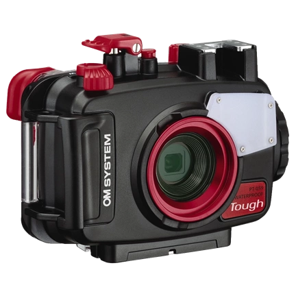 OM System TG-7 digitális kompakt gép búvártokkal (piros)