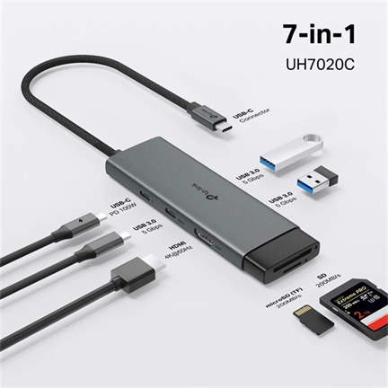 TP-LINK USB Type-C HUB 7 portos 1xHDMI + 1xPD 100W +1xUSB-C + 2xUSB +1xSD + 1xMicro SD, UH7020C