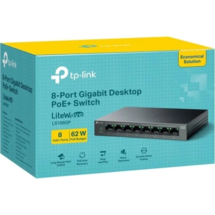 TP-Link LS108GP switch - 8 portos, Gigabit, asztali, 8 portos PoE+