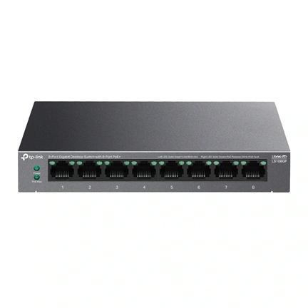 TP-Link LS108GP switch - 8 portos, Gigabit, asztali, 8 portos PoE+