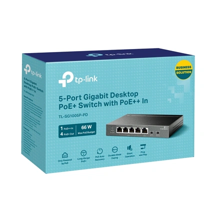 TP-Link TL-SG1005P-PD switch 5 port, 1GbE, asztali, 1 porton PoE++, 4 porton PoE+Out