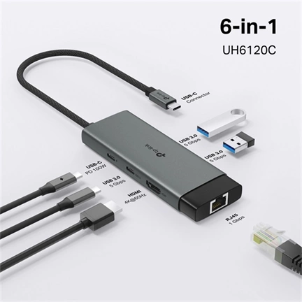 TP-Link UH6120C notebook dokkoló USB-C 100W PD, HDMI 4K@60Hz, USB-A/C 5Gbps, Gigabit Ethernet