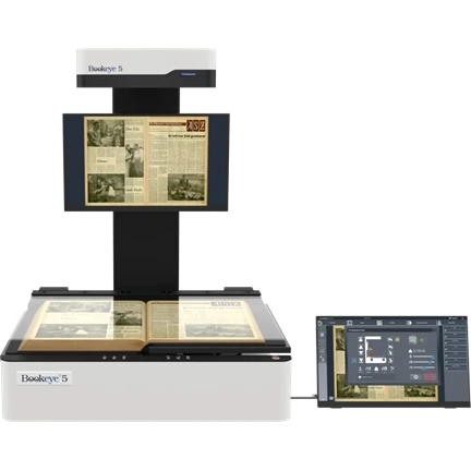 Bookeye 5 V1A, A1+ könyvszkenner, motorized glasplate, 600dpi, book cradle 20cm, 27" + 21" monitor, SP12M