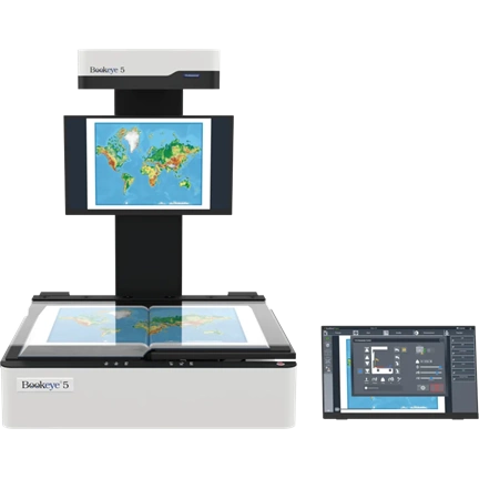 Bookeye 5 V1A, A1+ könyvszkenner, motorized glasplate, 600dpi, book cradle 20cm, 27" + 21" monitor, SP12M