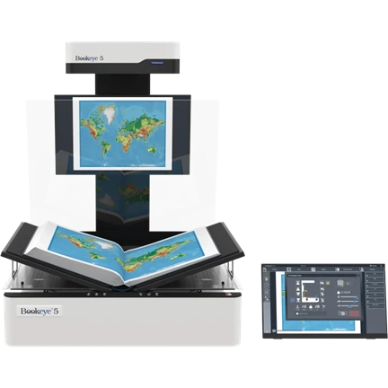 Bookeye 5 V1A, A1+ könyvszkenner, motorized glasplate, 600dpi, book cradle 20cm, 27" + 21" monitor, SP12M